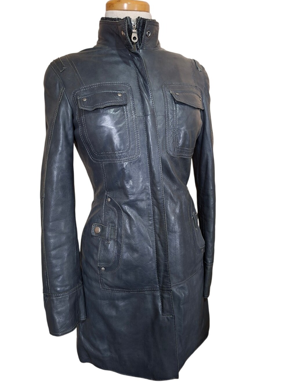 Danier Gray Buttery Soft Leather Long Coat Insulated Jacket Size 2XS FIT BIGGER